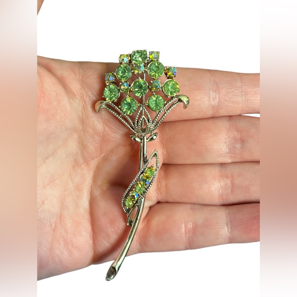 Coro Silver Toned AB Green Rhinestone Brooch